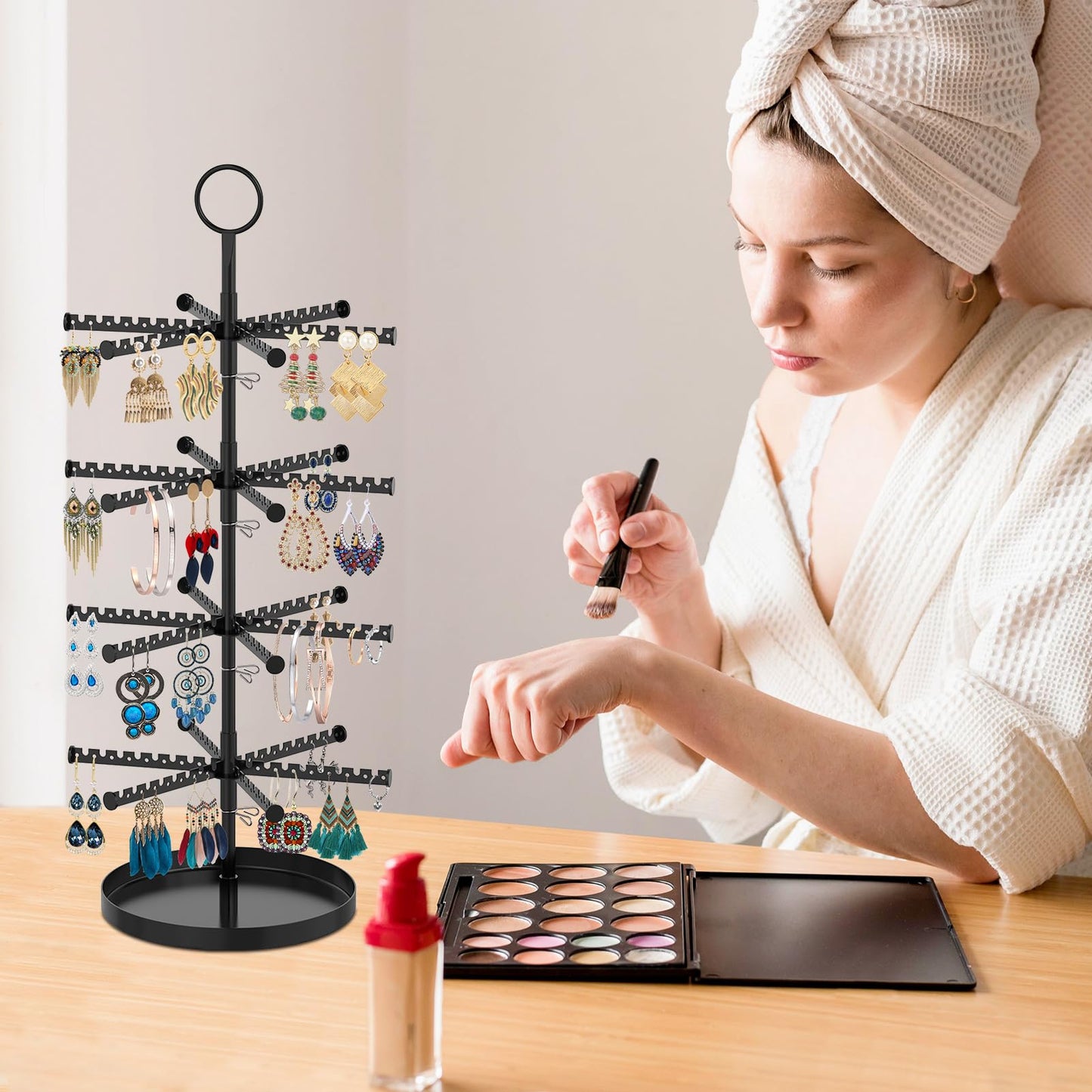 MODOWEY 4 Tier Metal Rotating Earring Holder Organizer Stand Adjustable Display Tree for Women, 384 Holes and Grooves Rack Tower for Pierced Dangle, Large Capacity Space-Saving Jewelry Hanger, Black