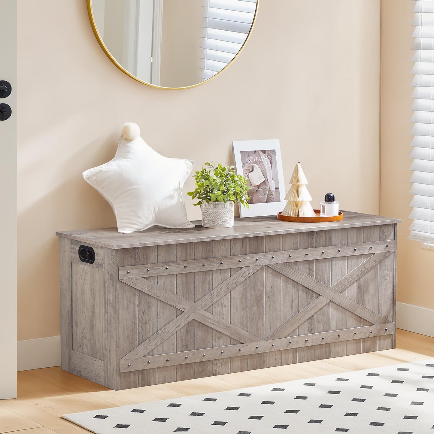 MAHANCRIS 47.2" Storage Chest, Extra Large Toy Box with 2 Safety Hinges, Wooden Toy Chest, Storage Bench with Rivets, Storage Trunk for Bedroom, Living Room, Entryway, Greige SCGY18501