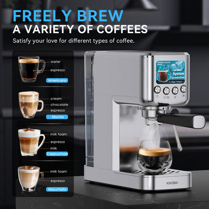 XIXUBX Espresso Machine 20 Bar with Milk Frother, Stainless Steel Coffee Maker with 42 oz Removable Water Tank for Cappuccino, Latte&Cold Brew, Home&Office, Silver