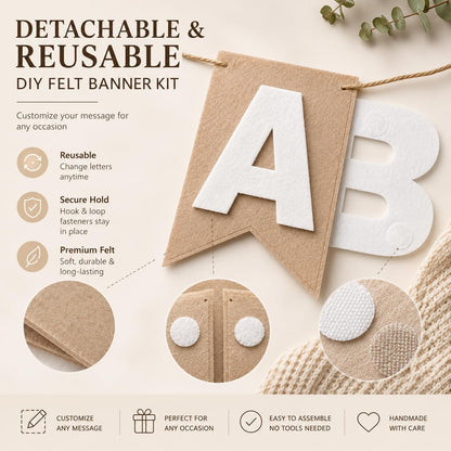 DIY Felt Banner Kit for Custom Messages, Reusable Customizable Party Banner with Detachable Letters, 28 Pennants, Hook & Loop Dots & Jute Rope for Birthday, Graduation, Baby Shower