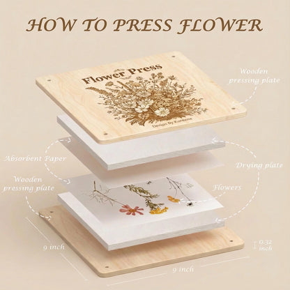 Kaokane Flower Press Kit, 9x9 Wooden Flower Pressing kit with 4 Reusable Drying Plates & 4 Blotting Papers, Dried Flowers Art for Wedding, Pressed Flower kit Herbarium Press Botanical Press kit