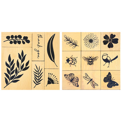Wissppoott 15 Pcs Vintage Wood Rubber Stamp Set - Antique Butterfly, Leaves, Branch, Plant, Ladybug& Bird Stamps for DIY Scrapbooking, Craft Cards, Gift Wrapping & Journal Art
