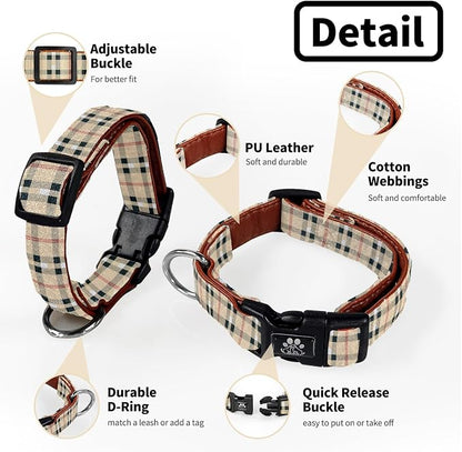 NESTROAD Dog Collar and Leash Set,Soft Neoprene Pet Collar with Quick Release Buckle,Adjustable Nylon Dog Collars for Small Medium Large Dogs(Large,Cherecked Beige)