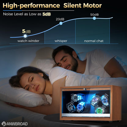 ANWBROAD Watch Winder 6 with LED and Super Quiet Motor 4 Rotating Modes Watches Winder box Watch Shaker with Type-C Adapter UJWW003A
