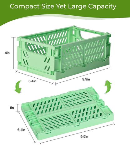 HUUSMOT 4-Pack Small Pastel Plastic Storage Baskets, Collapsible Crates for Organizing, Space-Saving Mini Bins for Classroom, Kitchen, Office, Bedroom (Green, 9.8" x 6.5" x 3.8")