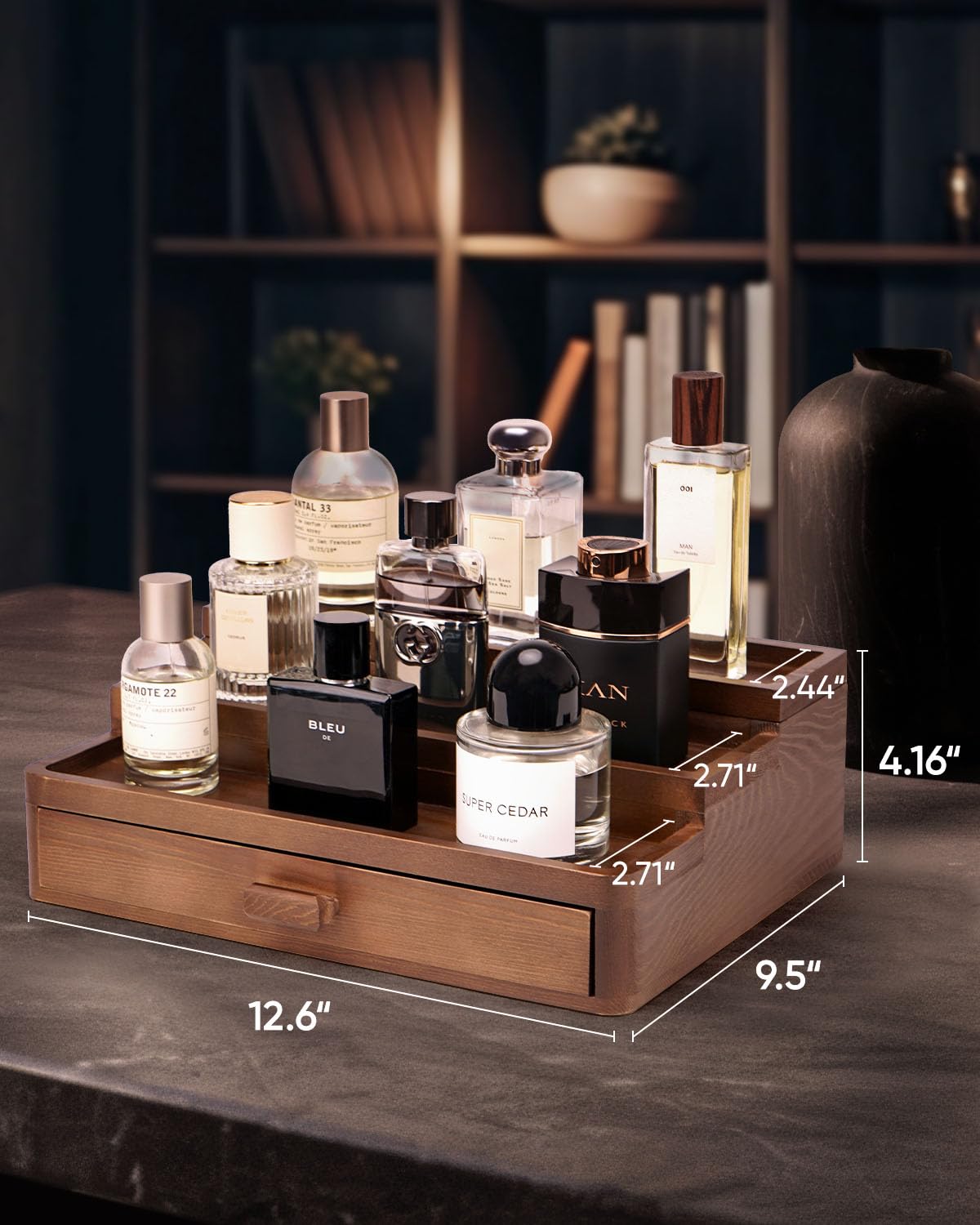 BRITEREE Cologne Organizer for Men, 3 Tier Wooden Cologne Stand with Drawer Storage and Hidden Compartment, Perfume Display Holder for Dresser, Great Gifts for Him Dad Fathers, Brown