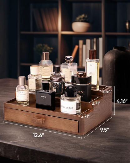 BRITEREE Cologne Organizer for Men, 3 Tier Wooden Cologne Stand with Drawer Storage and Hidden Compartment, Perfume Display Holder for Dresser, Great Gifts for Him Dad Fathers, Brown