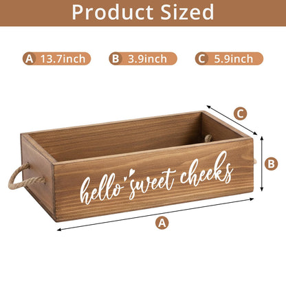 DOFAFALA MayAvenue Farmhouse Bathroom Decor Box Hello Sweet Cheeks Double Sided Wooden Toilet Paper Holder Tissue Box with Handles, Bathroom Signs (Brown)