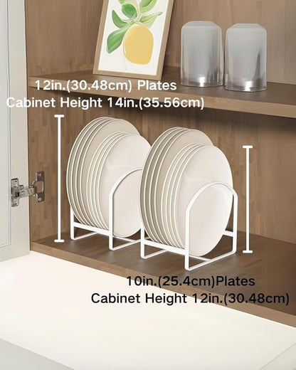 4 Pack Kitchen Plate Holder Organizer for Cabinet Space Saver Dinner Dish Storage Rack Upright Dish Drying Racks Metal Plate Dish Racks Stand for Cupboard and Countertop 2 Large 2 Small White