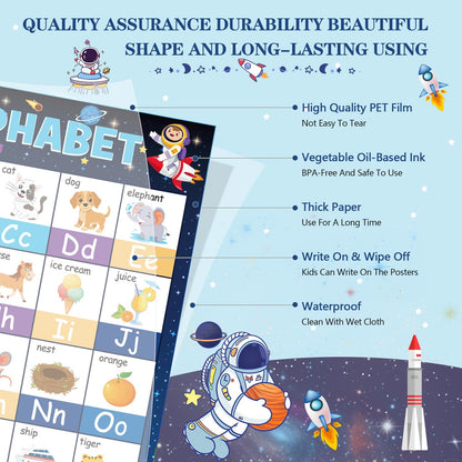 Funrous 18 Pcs Space Educational Posters for Classroom Decorations Preschool Kindergarten Elementary Toddlers Prek Learning Chart Material Us World Map, Abc Alphabet, Shapes, Numbers, Days of The Week