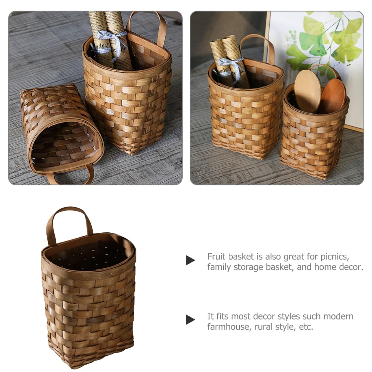 BESPORTBLE Wooden Wall Flower Basket Small Woven Basket Bread Basket Jute Hanging Basket Garlic Basket Hanging Wall Basket Wall Mount Baskets Potato Onion Storage Basket Wicker Vase, 25X17X13.5CM