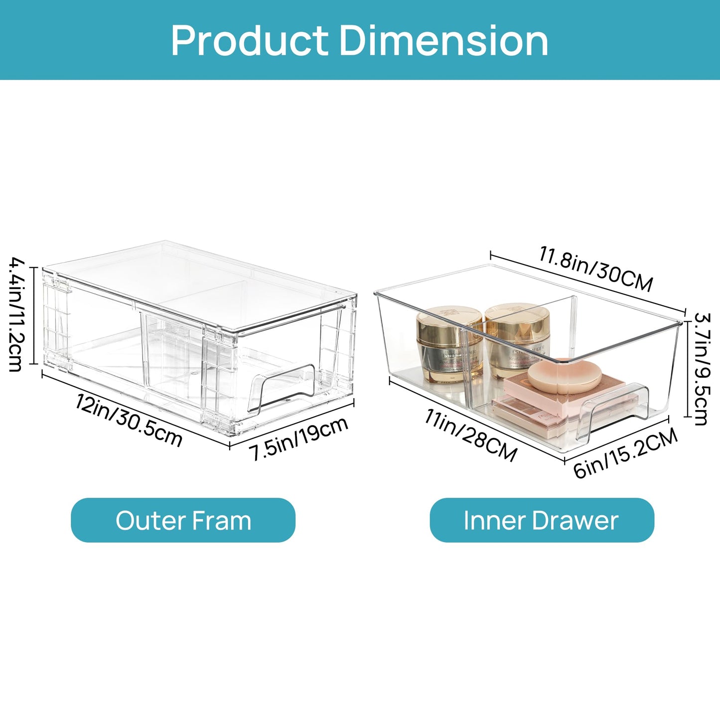 Vtopmart 4Pack Large Stackable Kitchen Pantry Storage Drawers, Clear Organizer Bins with Handles, Acrylic Drawer Organizers for Kitchen Pantry, Bathroom Undersink, Cabinet Organization and Storage