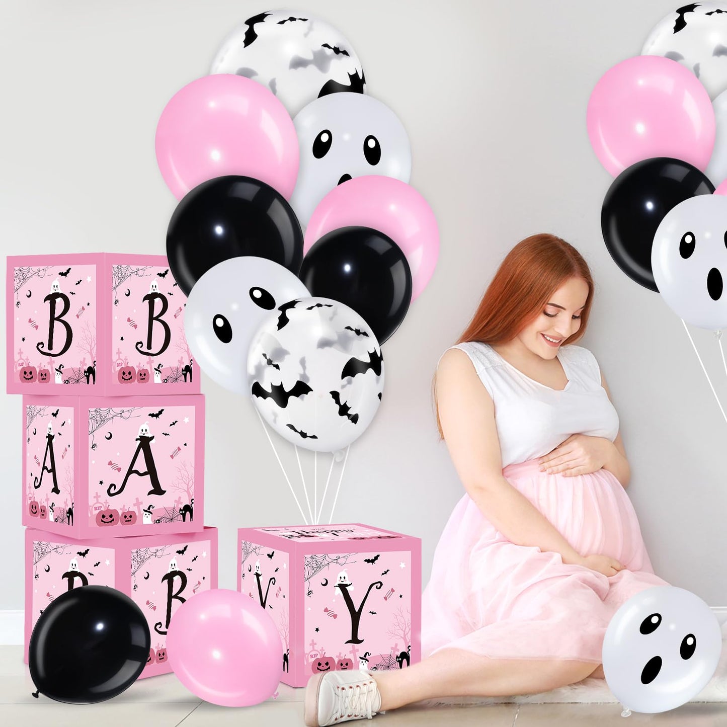 Hiboom 74 Pcs Halloween Balloon Boxes Baby Shower Decorations Pink and Black Halloween Baby Blocks Latex Balloons Garland Arch Kit for Baby Girls Happy Boo Day Birthday Party Supplies Photography Prop