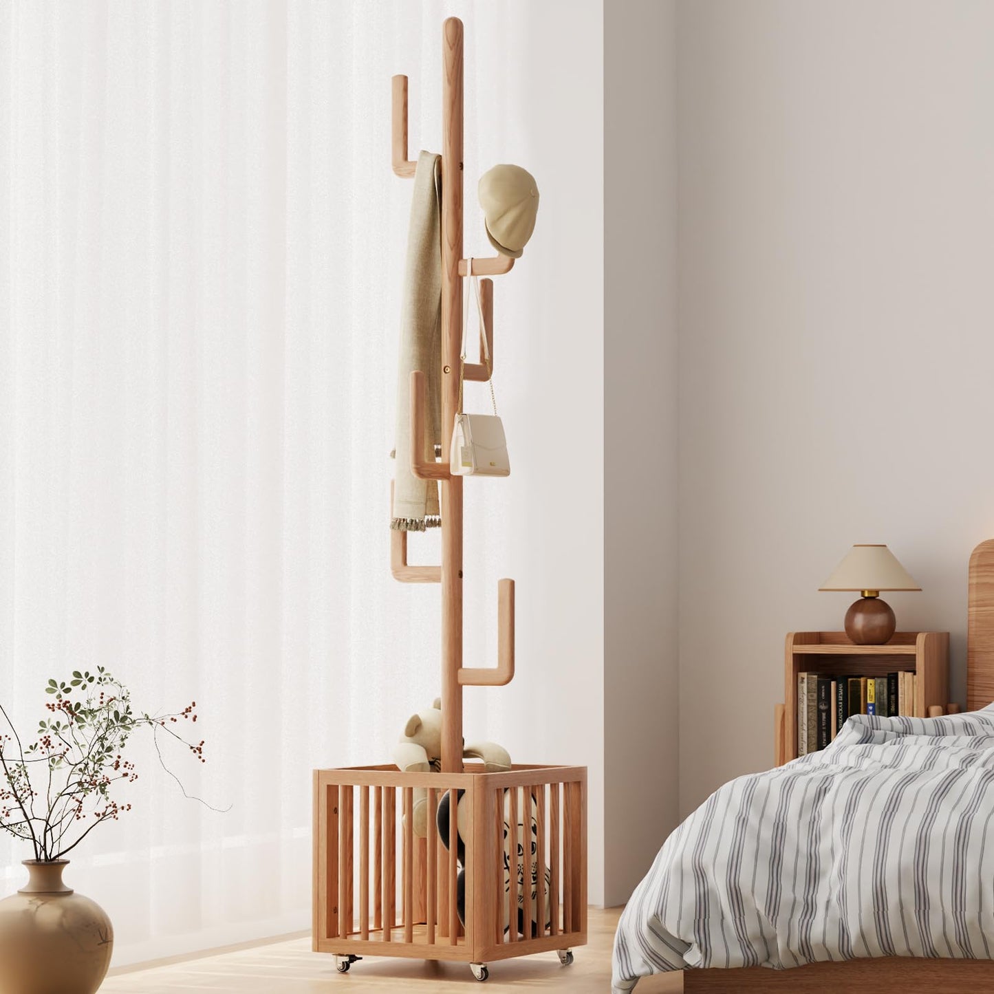 YQJJGL Solid Wood Cactus Coat Rack with 6 Hooks and Storage Basket,Natural