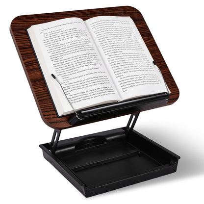 Wooden Book Stand for Reading with Storage Box Non-Slip Base, Adjustable Height & Angle, Foldable Desktop Riser with Page Clip, Hands Free Book Holder for Kitchen Counter, Cookbook, Recipe, Laptop