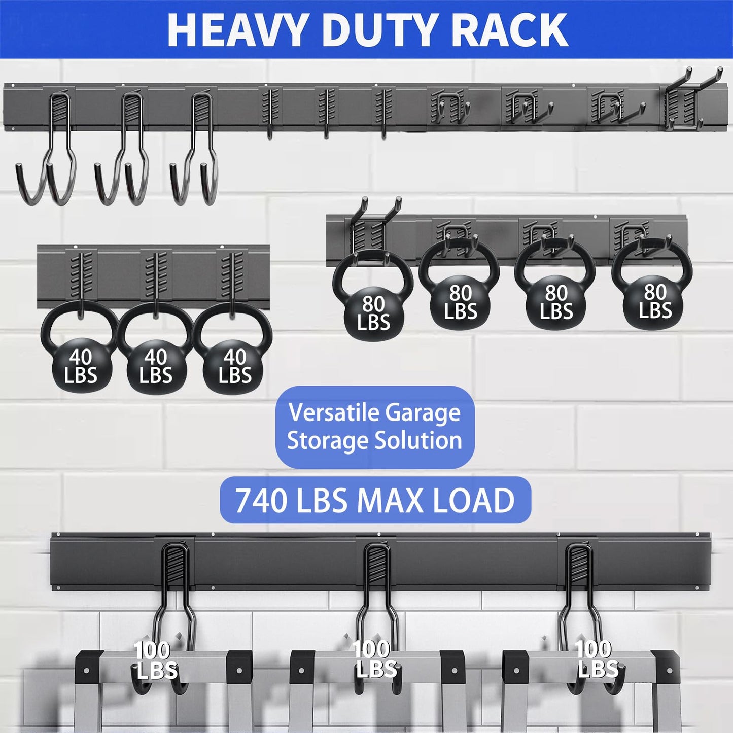 CRXCRC Shed Tool Organizer Wall Mount, 64inch Heavy Duty Garden Tool organizer Storage System, Easy Install With 10 Adjustable Hooks, For Garage, Basement, Shed, Workshop(Black)