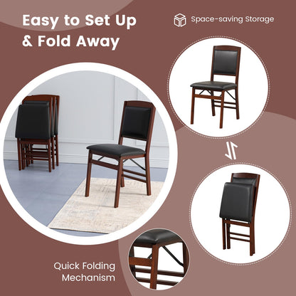 COSTWAY Folding Dining Chairs Set of 2, Wooden Kitchen Side Chairs w/Padded Seat, Solid Wood Frame, 400 LBS Load Bearing, No Assembly Needed, Vintage Foldable Chairs for Dining Room, Living Room