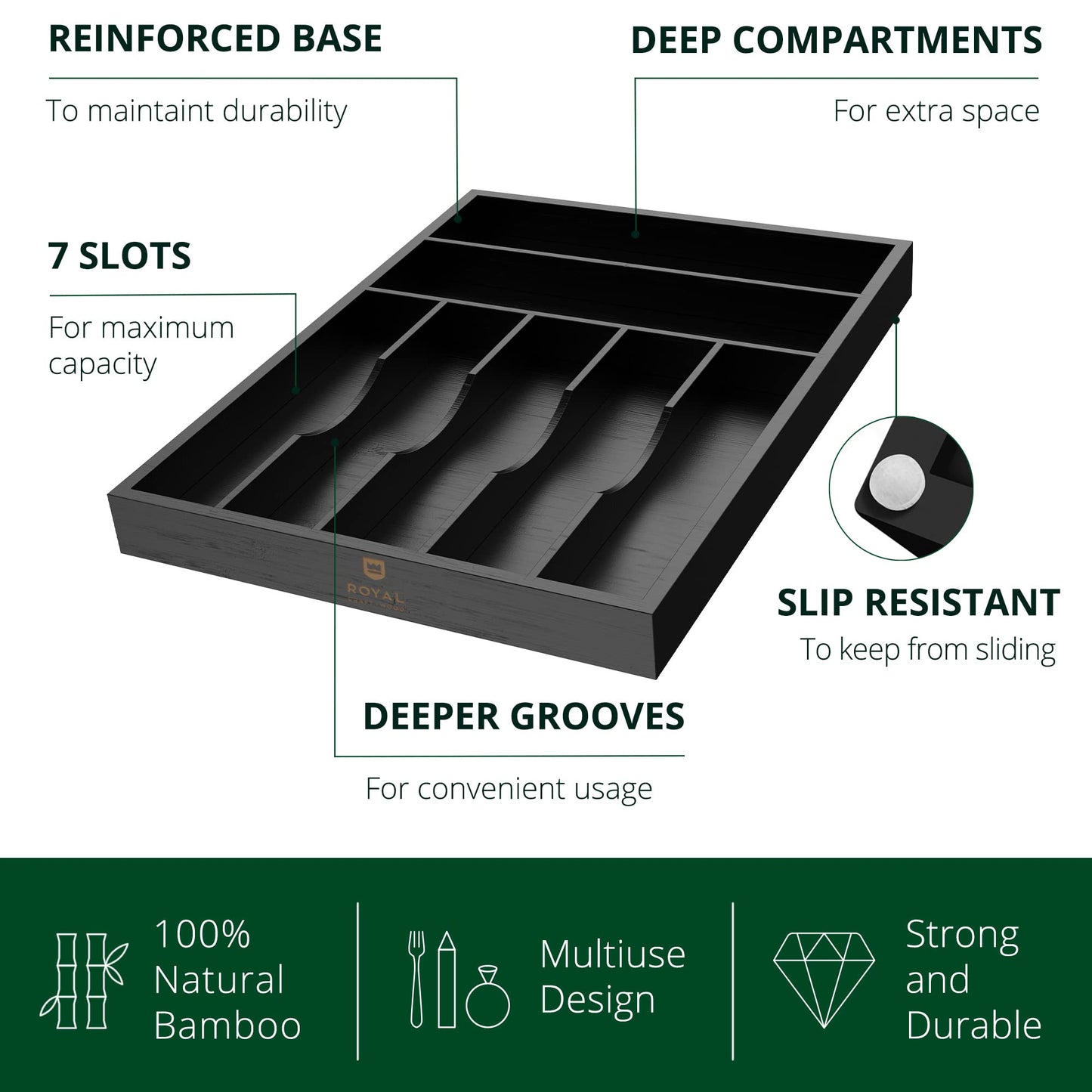 Luxury Bamboo Kitchen Drawer Organizer - Silverware Organizer - Utensil Holder and Cutlery Tray with Grooved Drawer Dividers for Flatware and Kitchen Utensils (7 Slot, Black)