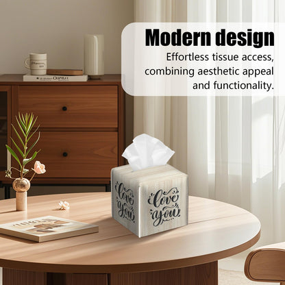 2 Pack Love You Tissue Box Cover Square Wooden Board Texture PU Leather Tissue Box Holder Waterproof Facial Paper Organizer Dispenser for Bathroom Kitchen Home Office Car