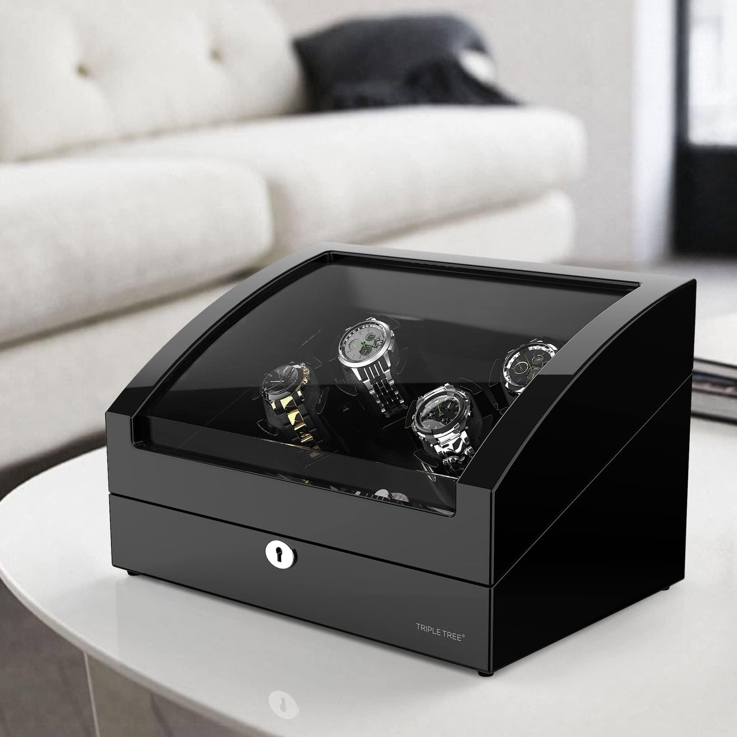 Watch Winder for 4 Automatic Watches, with Extra 6 Watch Storages, LED Illumination, Wood Shell Piano Finish, Silent Motor, Flexible Watch Pillow and USB Cable