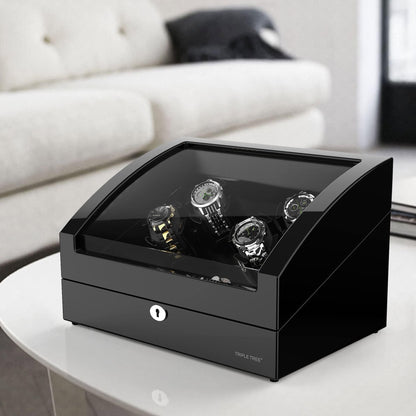 Watch Winder for 4 Automatic Watches, with Extra 6 Watch Storages, LED Illumination, Wood Shell Piano Finish, Silent Motor, Flexible Watch Pillow and USB Cable