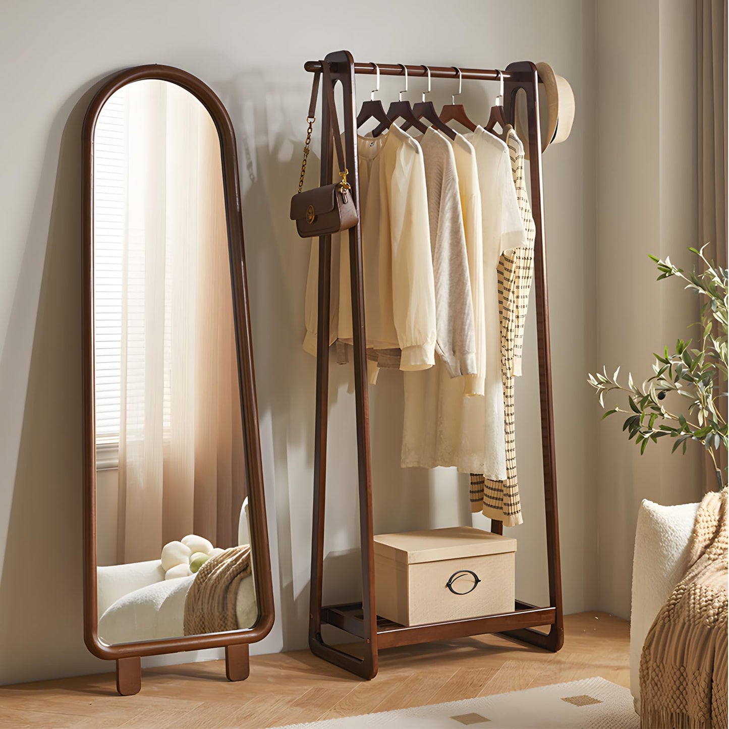 Cttasty Solid Wood Clothing Rack with Shelf, Freestanding Garment Rack with Hooks, Rubberwood Clothes Organizer for Bedroom Entryway, Minimalist Wooden Clothes Stand (Walnut, 31.5" W)