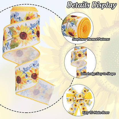 Sunflower Dot Wired Edge Ribbons Spring Summer Floral Gift Wrap Ribbon Yellow White Flower Craft Ribbon for DIY Crafts Wreath Bow Making Wrapping Party Decor Supplies, 2 Rolls, 20 Yard