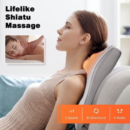 Neck and Shoulder Massager with Heat, Shiatsu Massage Pillow with 3D Deep Tissue Kneading for Back Legs Foot Body Pain Relief,at Home Office Car, Gift for Mom & Dad