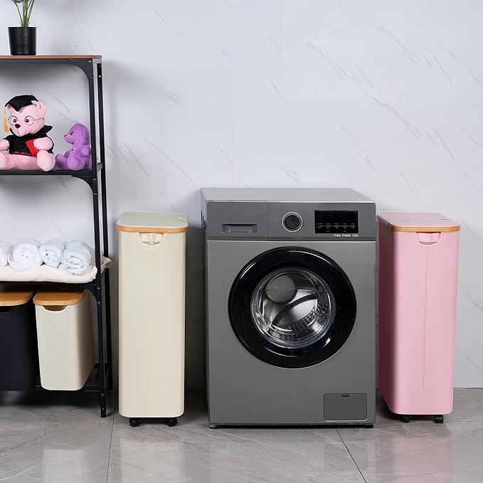 Laundry Basket with Wheels, 75L Beige Clothes Hamper
