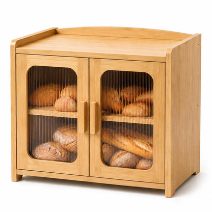 Florwish Bread Box for Kitchen Countertop, Large Capacity Wooden Bread Box, Fluted Acrylic Window Farmhouse Bread Storage, 2 Tier Corner Bread Box for Homemade Bread & Sourdough Bread, Natural Bamboo