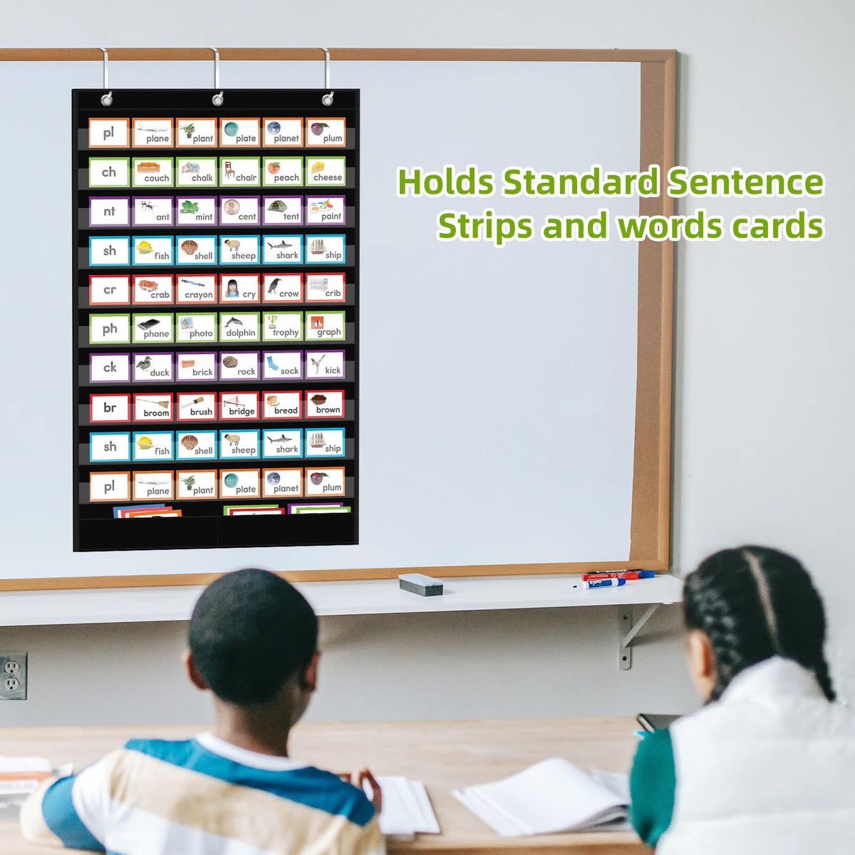 ANCOMEDO Large 10+2 Pockets Standard Pocket Chart, 10 Clear Pockets Words Chart with 2 Extra Storage Pocket for Classroom Home Office Use,Large Size:45”x 28” Letter Cards,Words and Sentence Strips.