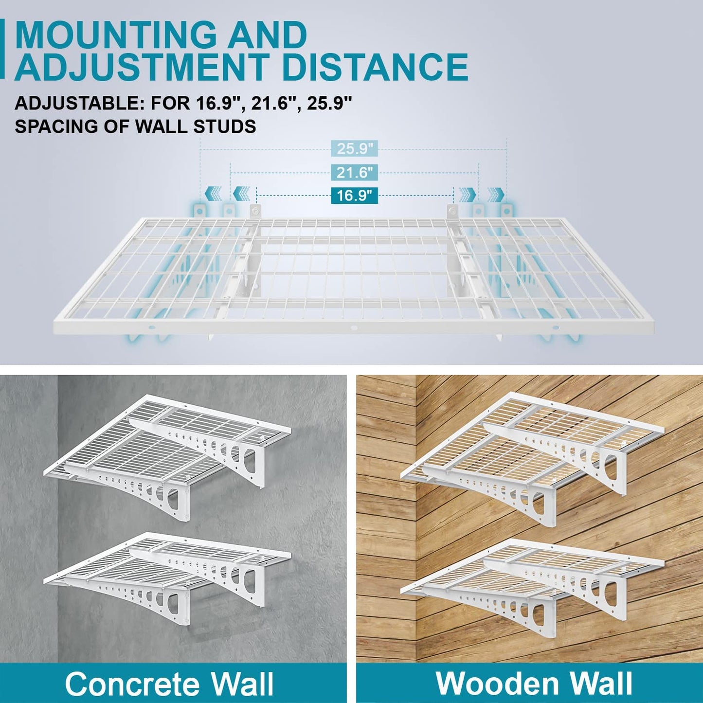 Diumvi 4-Pack 2×3ft(24×36 inch) Garage Wall Shelving, 1000 lbs Load Capacity, Garage Wall Mounted Shelves, Heavy Duty Shelf with Hooks, White
