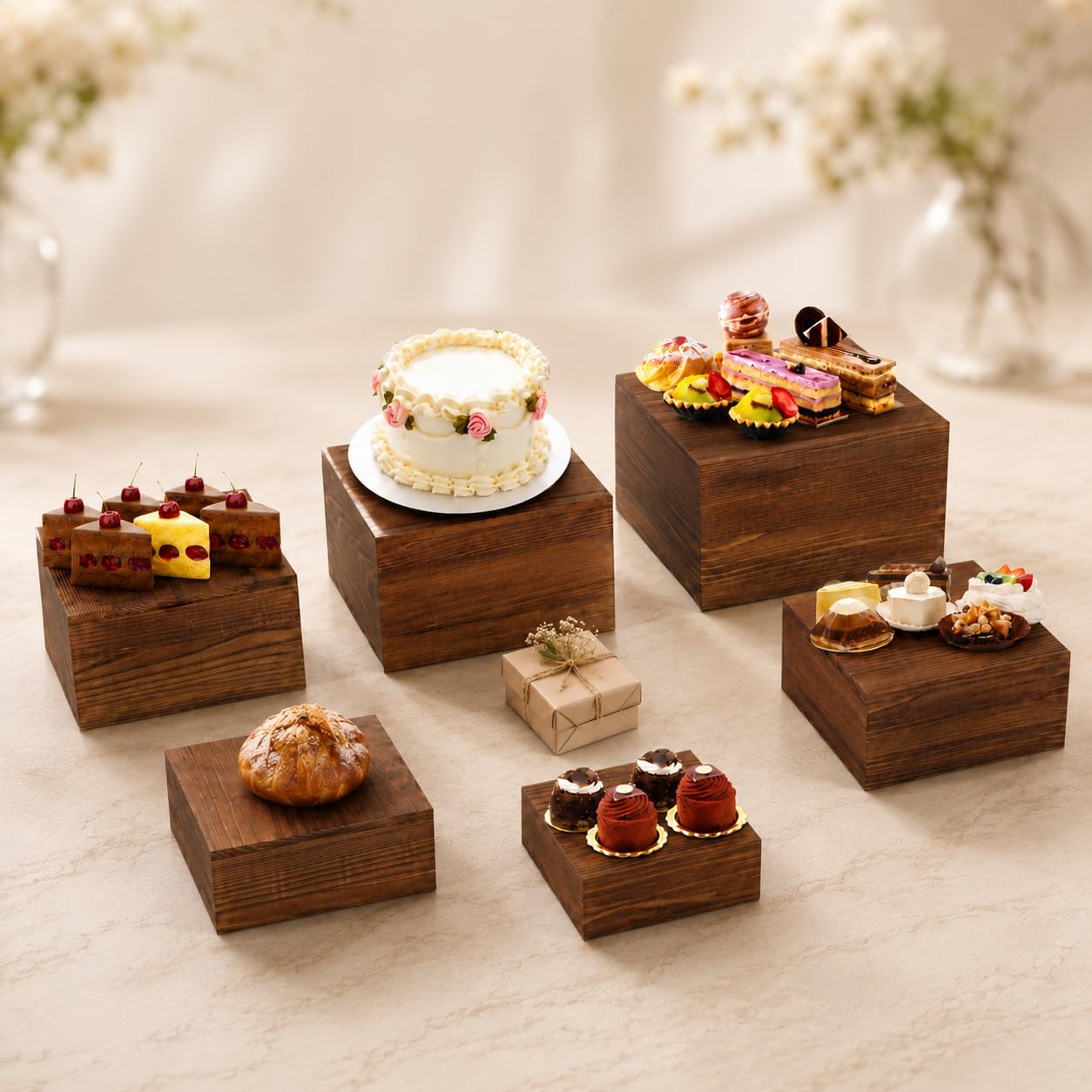 HTRYBNES 6 Pack Wooden Buffet Risers and Stands, Rustic Food Risers for Buffet Table, Risers Display Stands, Wood Cake Cupcake Stands for Wedding Party, Food Display, Collectibles
