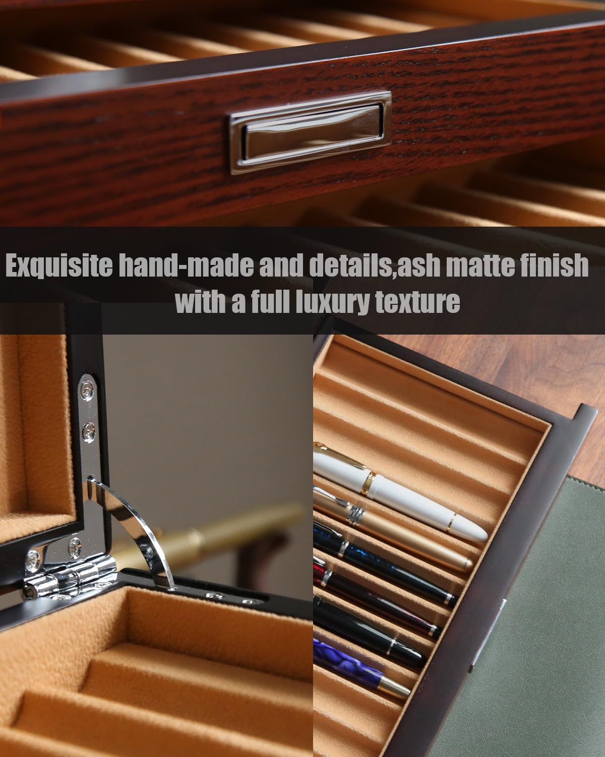 Besforu Wood Pen Display case 36 Slot Fountain Pen Box Storage Organizer with Drawer, Top Glass Window Pen Collection Display Case