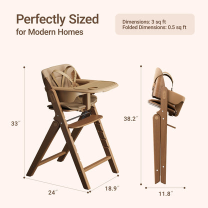 Mamazing GrowPod Pro Wooden Baby High Chair for 6 Months to 220lbs, Easy to Clean with Tray, Compact Foldable Highchair for Kitchen & Dining Room, with 5-Point Safety Harnesses and Guard Bar