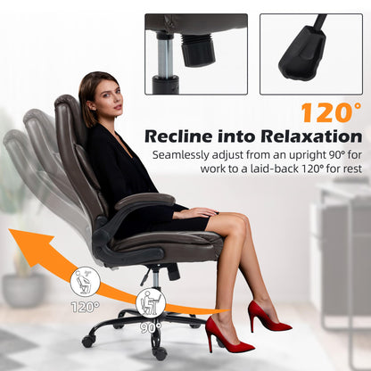 Office Chair - Ergonomic High Back Computer Desk Chair with Rocking Function & Lumbar Support - Executive Comfortable Wide Swivel Rolling Office Leather Chair with Flip-up Armrests for Home Gaming