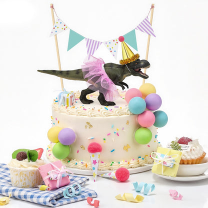 Weysat 19 Pcs Dinosaur Cake Toppers Decorations Set Mini Birthday Hat Skirt Triangle Flag Banner Decor Balls andIce Cream Cone Cake Topper for Dinosaur Theme Birthday Gender Reveal Party Decorations