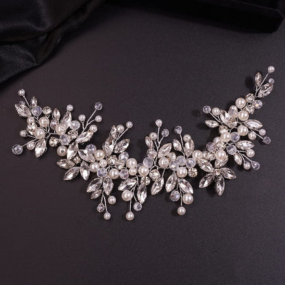 Teyglen Dainty Rhinestones Pearls Crystal Large Headband Vine Handmade Bridal Flower Headband Wedding Hair Accessories for Brides Hair Pieces Gold Silver Headpieces for Women Girl (Silver)