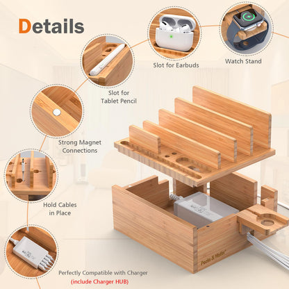 Pezin & Hulin Bamboo Charging Station for Multiple Devices Include 5 Port USB Charger, 5 Cables, Desktop Organizer for Phones, Tablet, Wooden Docking Stations