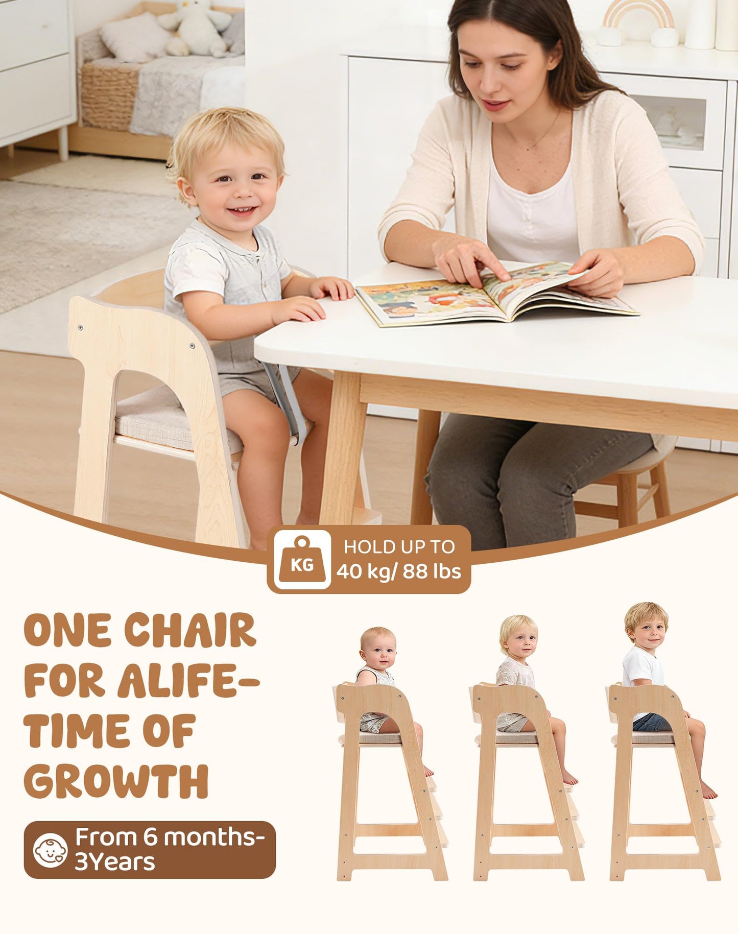 ROBUD Wooden High Chair for Toddlers, Highchair for Adjustable Seat Height & Footrest Levels, High Chairs for Babies and Toddlers with Removable Cushion for Nursery, Dining, Studying, Restaurant,WG419