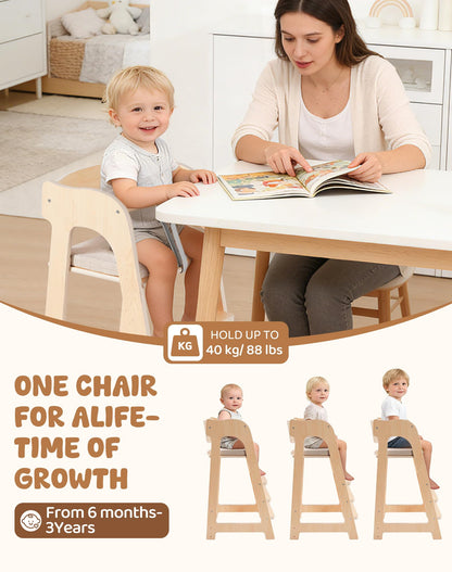 ROBUD Wooden High Chair for Toddlers, Highchair for Adjustable Seat Height & Footrest Levels, High Chairs for Babies and Toddlers with Removable Cushion for Nursery, Dining, Studying, Restaurant,WG419