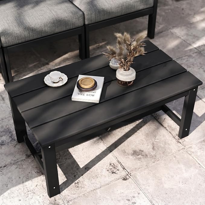HDPE Outdoor Patio Furniture Set, 10-Piece Patio Conversation Set with 3-Seat Sofa, 4 Armchairs, 2 Side Tables & 1 Coffee Table, All-Weather Outdoor Sofa Set for Deck, Porch (Black Frame)