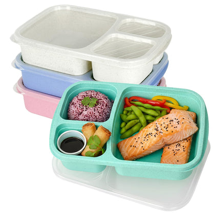 Orivastine 4 Pack Bento Lunch Box Set, 3 Compartment Leakproof Stackable Food Containers, Reusable Wheat Straw Lunch Boxes for Adults Work and Travel
