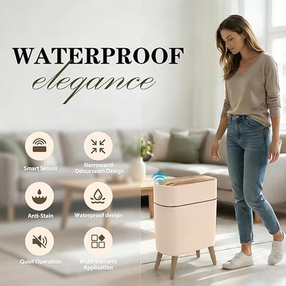 suyika Automatic Trash Can, 2.6 Gallon/10L Bathroom Trash Can with Lid - Wood Grain Lid and Legs, Touchless Waterproof Garbage Bin for Bedroom, Bathroom, Office, Living Room