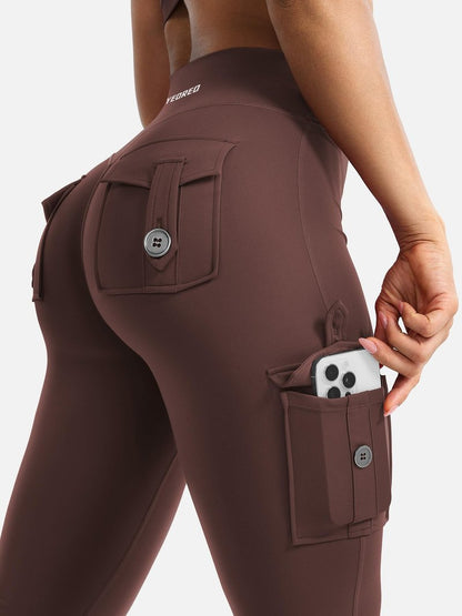 YEOREO CoreFlex Women Workout Flare Leggings with Pockets Hidden Scrunch Cargo Gym Yoga No Front Seam Leggings Chocolate S