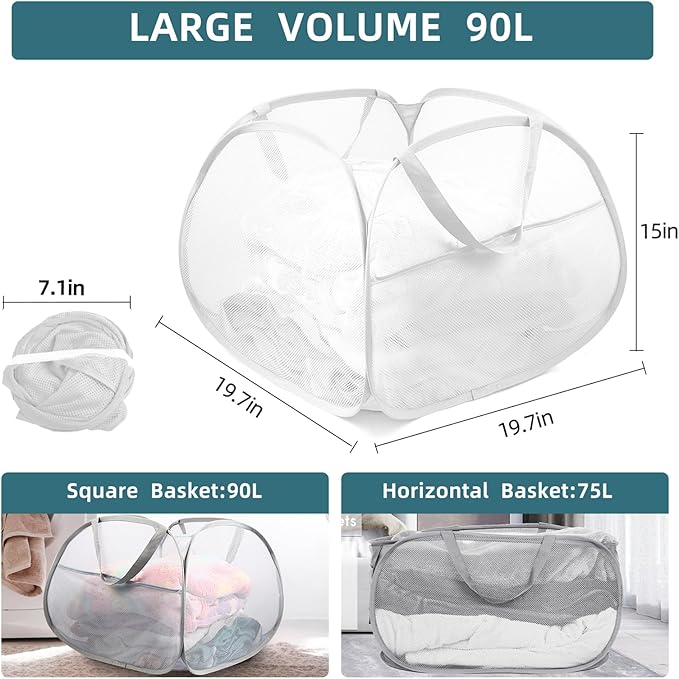 Collapsible Laundry Basket, 90L Large Foldable Mesh Pop Up Hamper