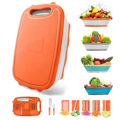 Gintan Camping Cutting Board, 9-in-1 Collapsible Chopping Board with Colander, Kitchen Vegetable Washing Basket for Camping, Camping Gifts Camping Accessories for RV Campers (Blue+Grey)