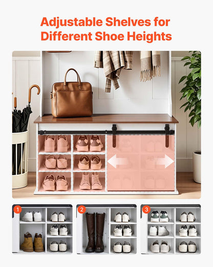 VEVOR Hall Tree with Bench and Shoe Storage, 42" Wide, Entryway Hall Tree with Bench, Hanging Hooks, Storage Shelves, Adjustable Shoe Shelves, Wooden Furniture for Mudroom, Entryway, Hallway, White
