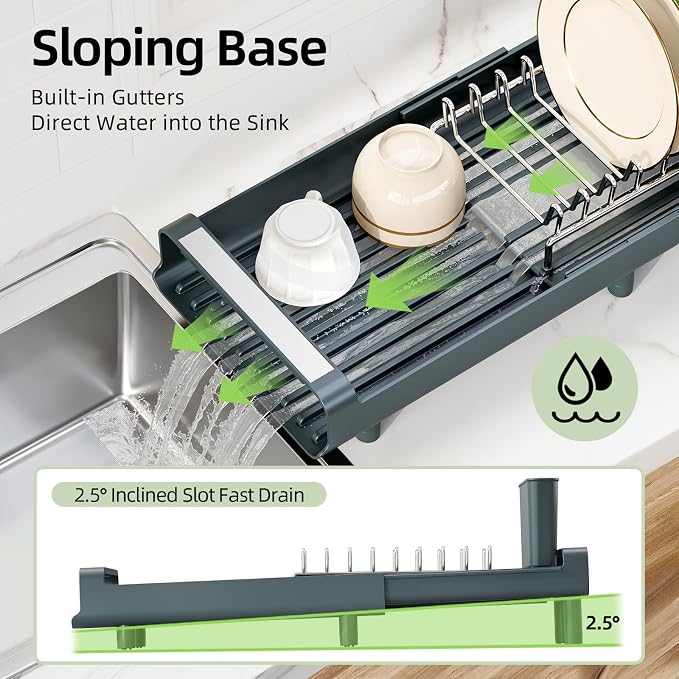 TOOLF Small Dish Drying Rack, Mini Expandable Compact Dish Rack, Slim Extendable Stainless Steel Dish Drainer for Kitchen Countertop, Space Saving Dish Strainer, Dark Slate Gray