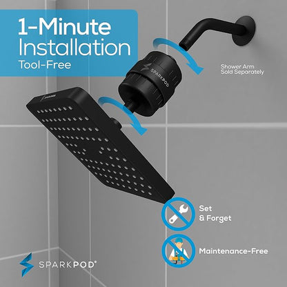 SparkPod 23-Stage Filtered Shower Head, 8" Square, Black Matte | Filtered Shower Head for Hard Water Filter, High Pressure, Reduces Chlorine, Heavy Metals, For Dry Skin & Hair